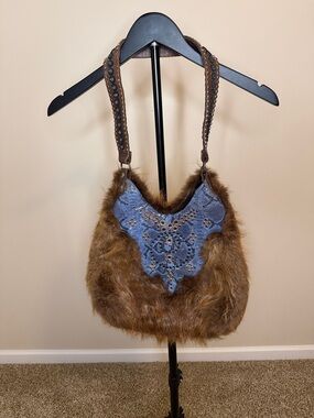 Kippys of CA Mink Brown Shoulder Bag with Blue Appliqué